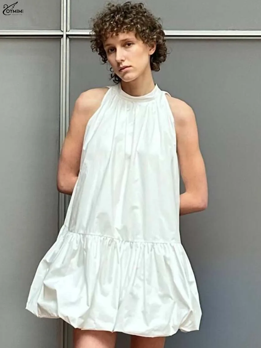 

Oymimi Causal White Cotton Dresses 2025 Woman Fashion O-Neck Sleeveless Loose Dresses Elegant Low Waisted Pleated Mini Dress