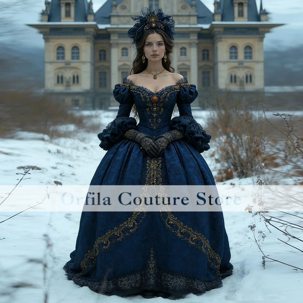 

Blue Victorian Evening Party Dresses Gold Applique Corset Long Sleeve Prom Masquerade Gown Customsized