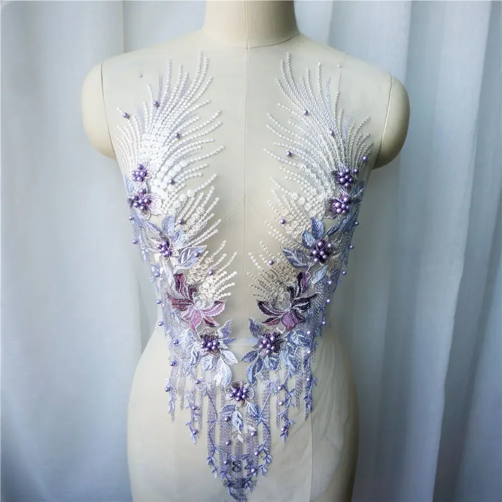 Fioletowa koronkowa tkanina Kwiatowe frędzle Koraliki Rhinestone Haftowane aplikacje do sukni Kołnierz Siatka Naszywka do dekoracji ślubnych DIY
