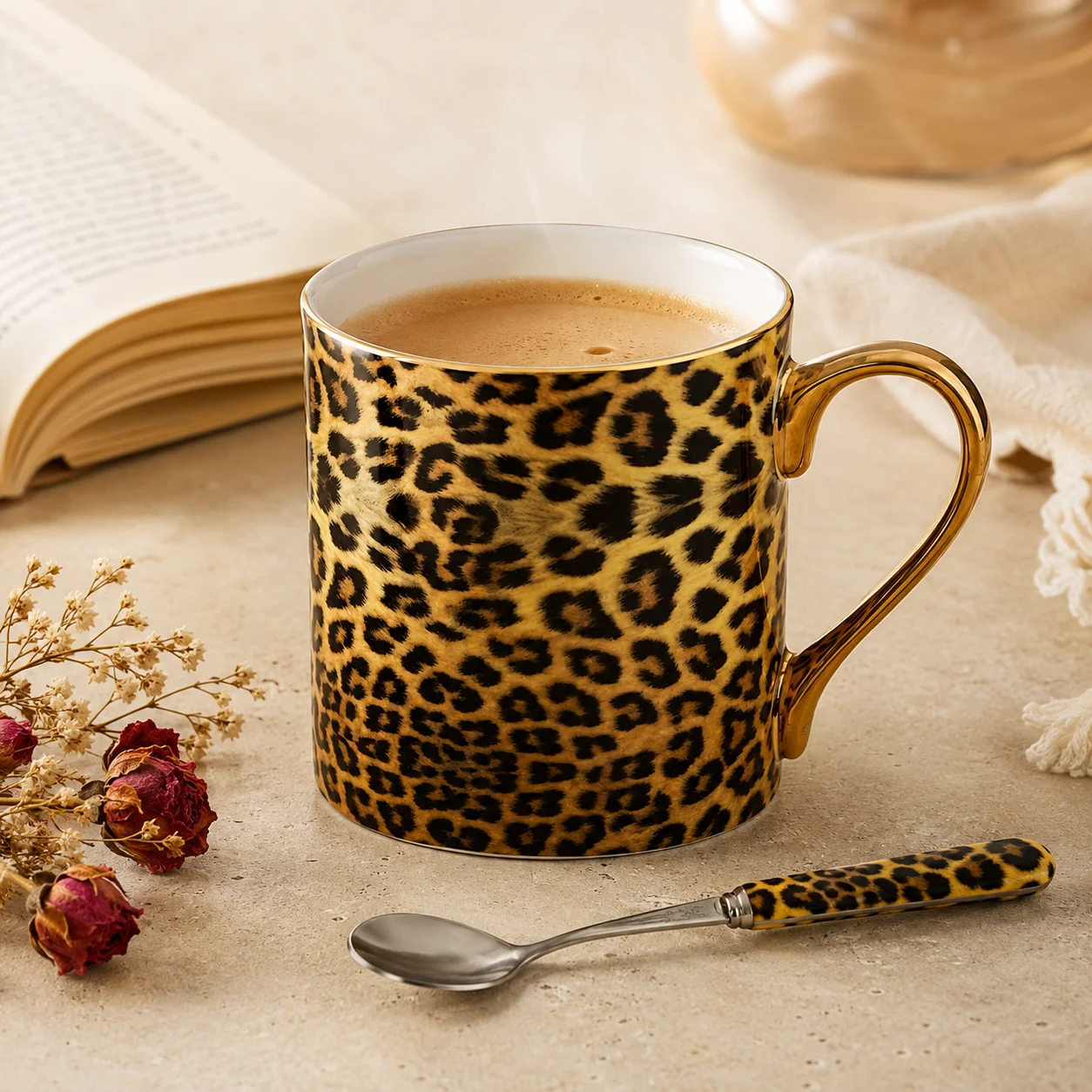 Luxury High-Grade  Bone China Leopard Print Coffee Mug  Ceramic  Milk Cup Tea Cup with Spoon drinkware Gifts