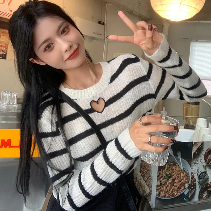 

Весенне-осенний женский вязаный топ Long Sve с вырезами в полоску, модный свитер Sli Base Layer irt Premium Feeling