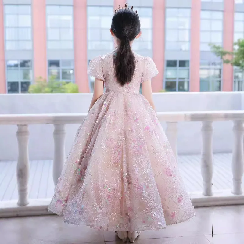 

Детское ведущее шоу с блестками для девочек, принцесса, фортепиано, свадебное легкое роскошное пышное платье с цветочным узором для девочек