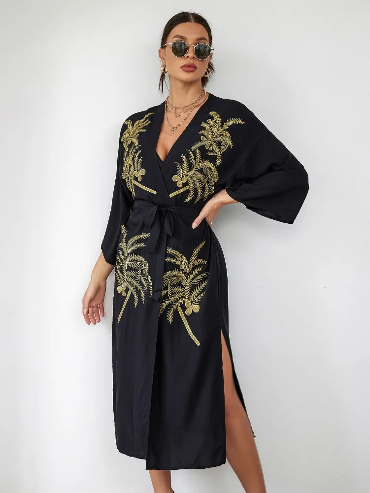 Beach Kimono Cover Ups for Swimwear for Women Gold Flower Embroidery Swimsuit Cape Self Belted Wrap Dresses Pareo Bathing Suits