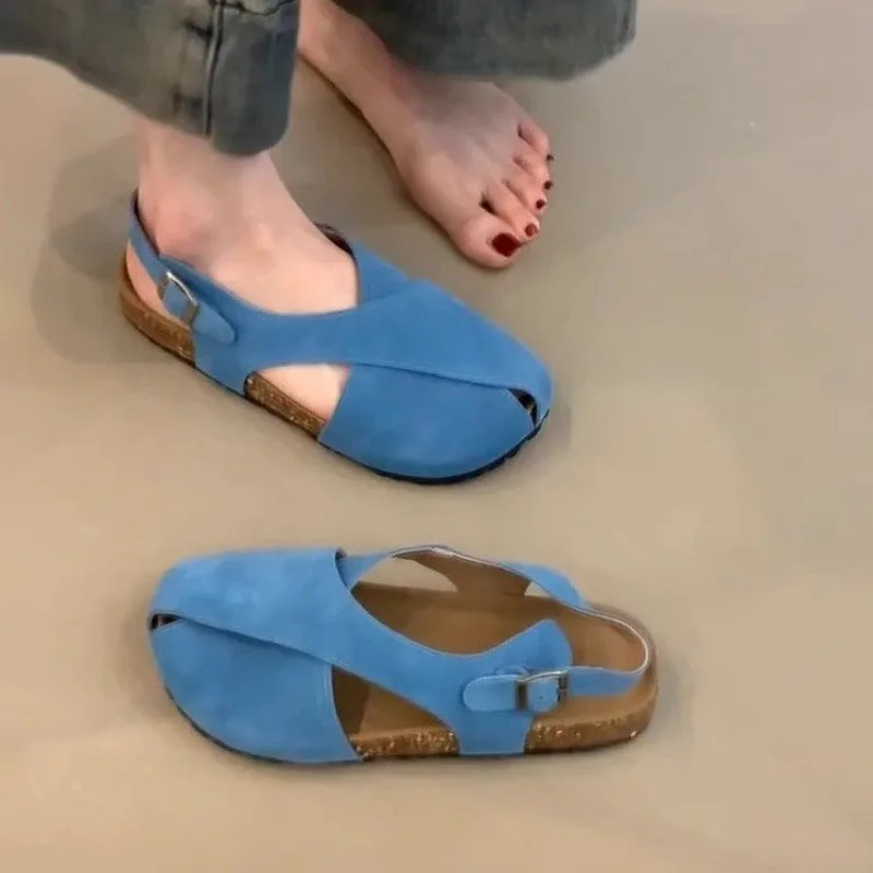 جديد ريترو عبر حزام الشقق المرأة جولة تو انقطاع تنفس خط واحد مشبك فرك الصنادل الجلدية عدم الانزلاق #5