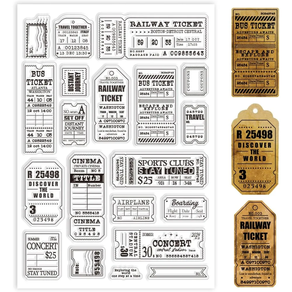 Retro Travel Ticket Clear Stamps for Cards Making Vintage Movie Ticket Background Clear Stamp Seals 5.83x8.27 inch