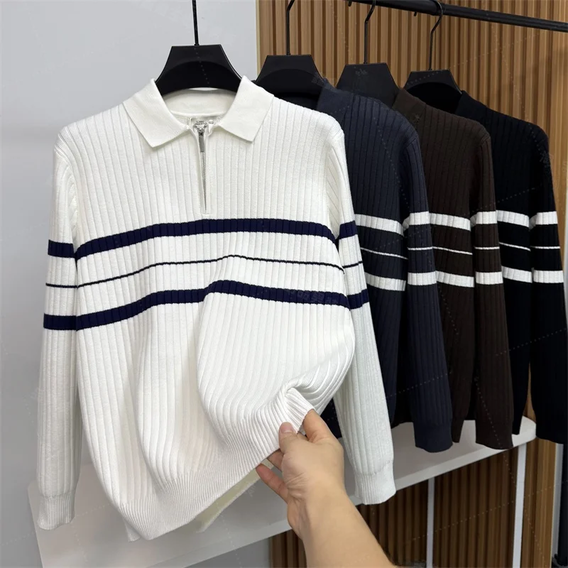 

Вязаный свитер для мужчин с цветочным узором, длинными рукавами, воротником, полосатой текстурой, мягкий, теплый, повседневный, модный, осенне-зимний.