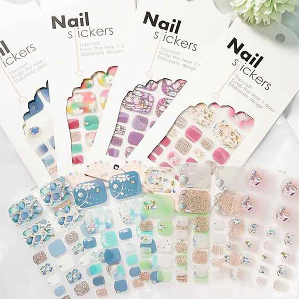 22tips/Sheet Toe Nail Stickers Glittering Toenails Manicure Art Decals Full Cover Removable Adhesive DIY Nail Patch Decoration