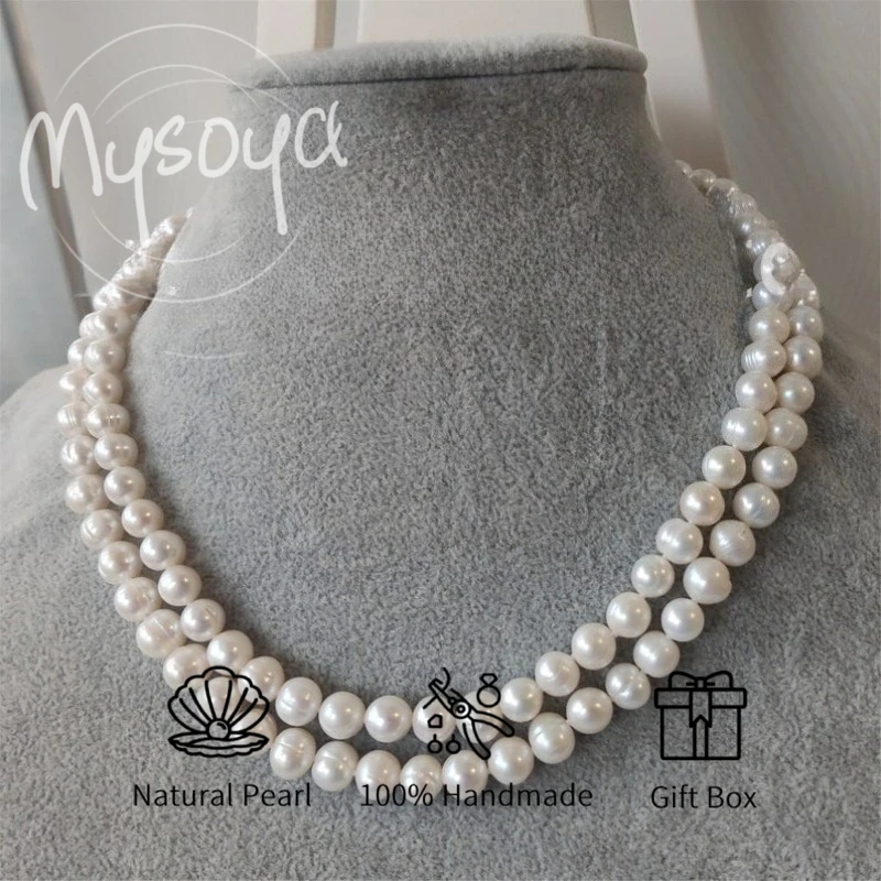 

MYSOYA двухслойное ожерелье из белого пресноводного жемчуга 7-8 мм с подарочной коробкой для нее/им на дни рождения, свадьбы ко Дню святого Валентина