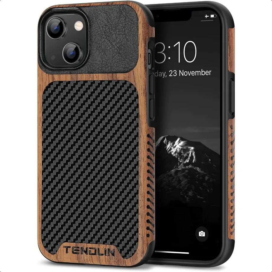 

TENDLIN Compatible with iPhone 14 Case Wood Grain with Carbon Fiber Texture Design Leather Hybrid Slim Case Black