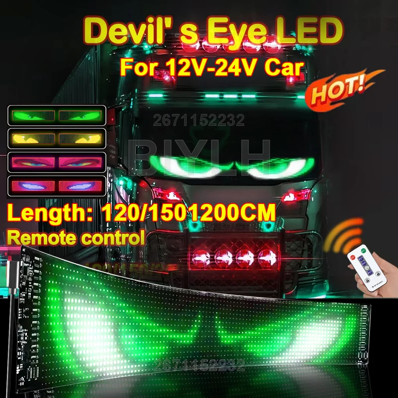 

12V-24V Devil's Eye LED Car Atmosphere Light 2-in-1 Car Windshield Dynamic Eye Pixel Light 200/150/120/80/70/60 Cm Auto Parts