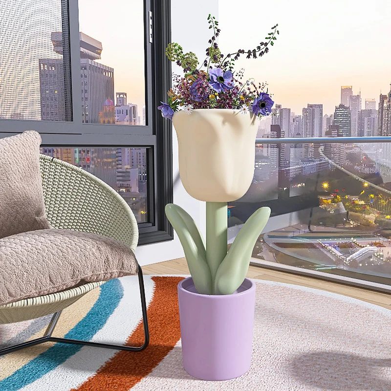 

Nordic Tulip Floor Vase Planter Ins Aesthetic Living Room Decor with Macaron Colors Large-Capacity Storage Beautiful practical