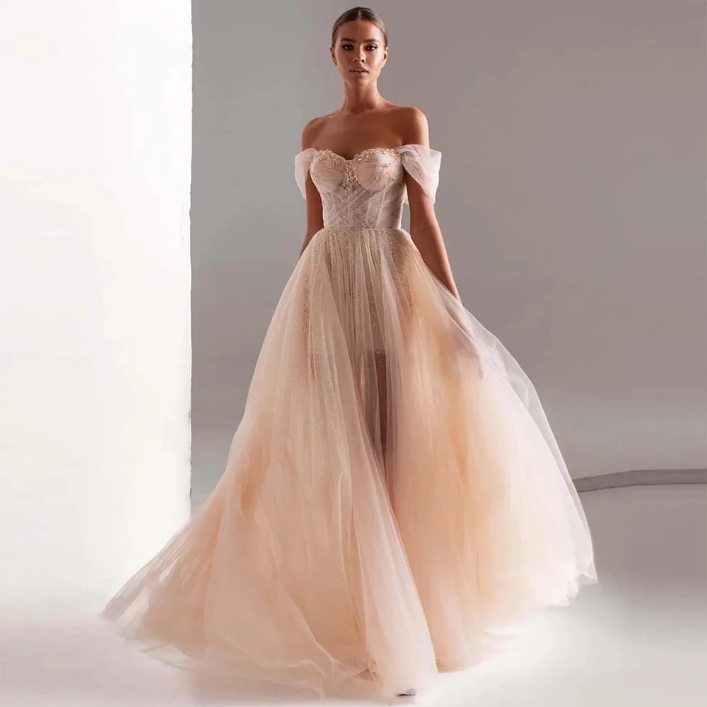 

Flora Dress Elegant Pink Tulle A-Line Prom Dresses Beading Off Shoulder Sweetheart Evening Gowns Wedding Party Gown For Women