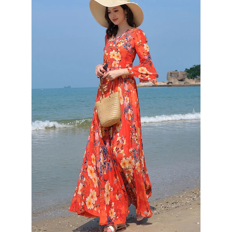 Summer Chiffon Half Sleeve Maxi Dress Floral Women Elegant Luxury Vestidos 2024 Fashion Vintage Party Bodycon Prom Long Dresses