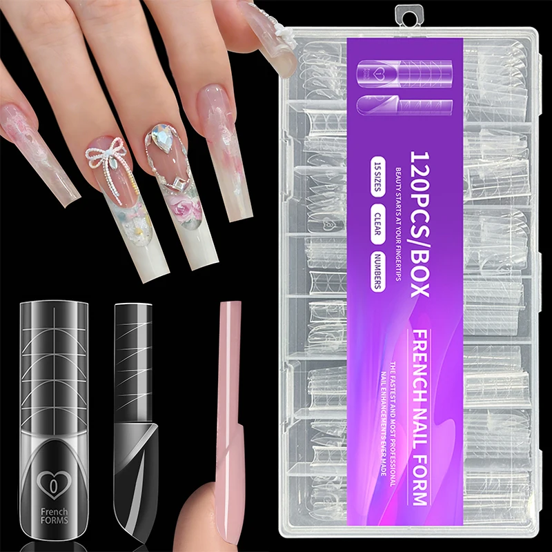 

120Pcs New Space French Dual Forms 15 Sizes Clear Reusable Nail Extension Gel French Tip Nail Form Manicure Tool DIY Art Salon