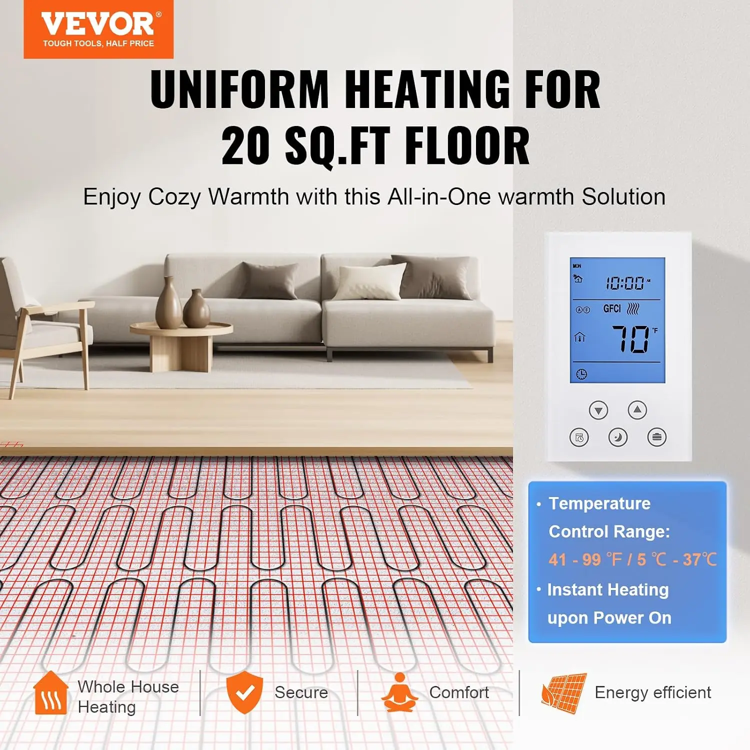 Floor Heating Mat, 20 Sq. ft, Electric Radiant in-Floor Heated Warm System with Digital Floor Sensing Thermostat, Includes Insta
