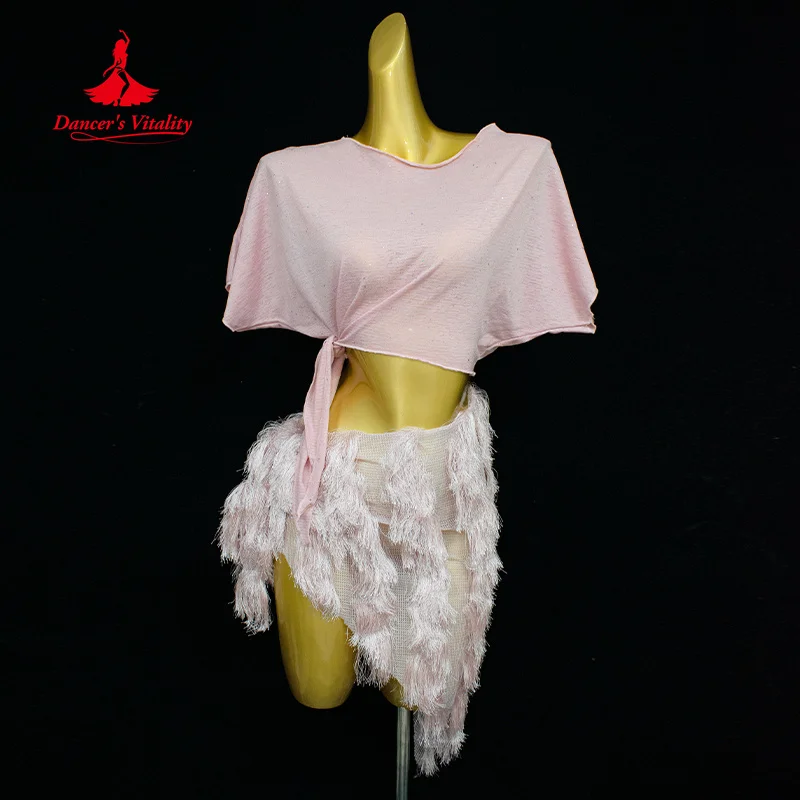 Новый костюм для танца живота, свободный и удобный топ + короткая юбка с кисточками, 2 предмета, женский комплект сексуальной тренировочной одежды для восточных танцев