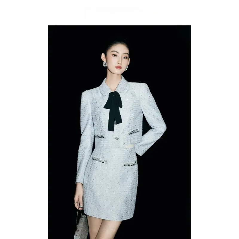 Temperament Thousand Gold Diamond Buckle Small Fragrant Wind Short Jacket Female Autumn Celebrity Suit Skirt