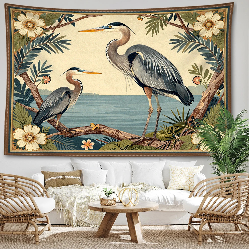 Blue Heron Floral Coast Vintage Printed Tapestry Wall Hanging Bohemian Style Bedroom Home Decor