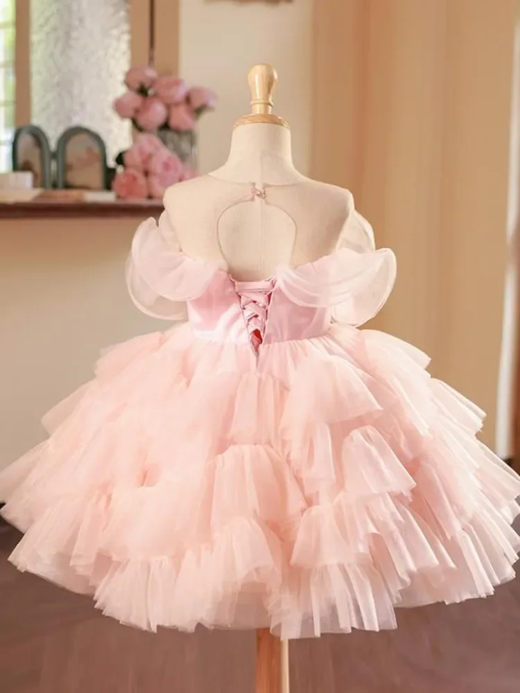 New Children's Princess Evening Gown Mesh Pearls Sleeveless Design Kids Wedding Birthday Baptism Party Dresses For Girls