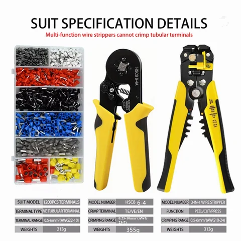 Hsc8 6-4 Tube Type Terminal Crimping Plier 3-in-1 Fully Automatic Wire Stripping Pliers Set  Ve Terminals Electrician Tool Kit