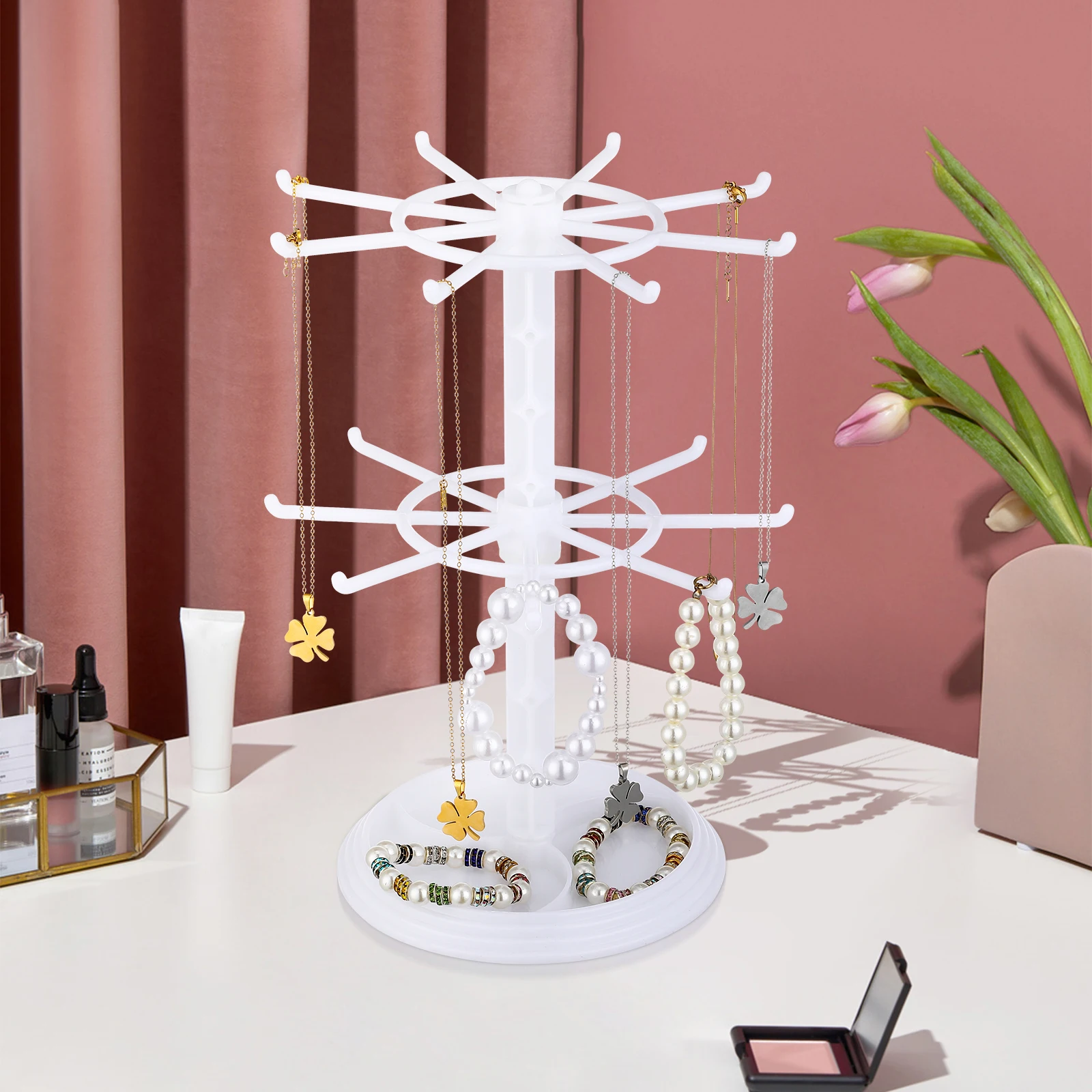 

2 Tier Rotating Jewelry Display Stand White Earring Holder Organizer Bracelet Necklaces Rings Space Saving Compact Sturdy Rod
