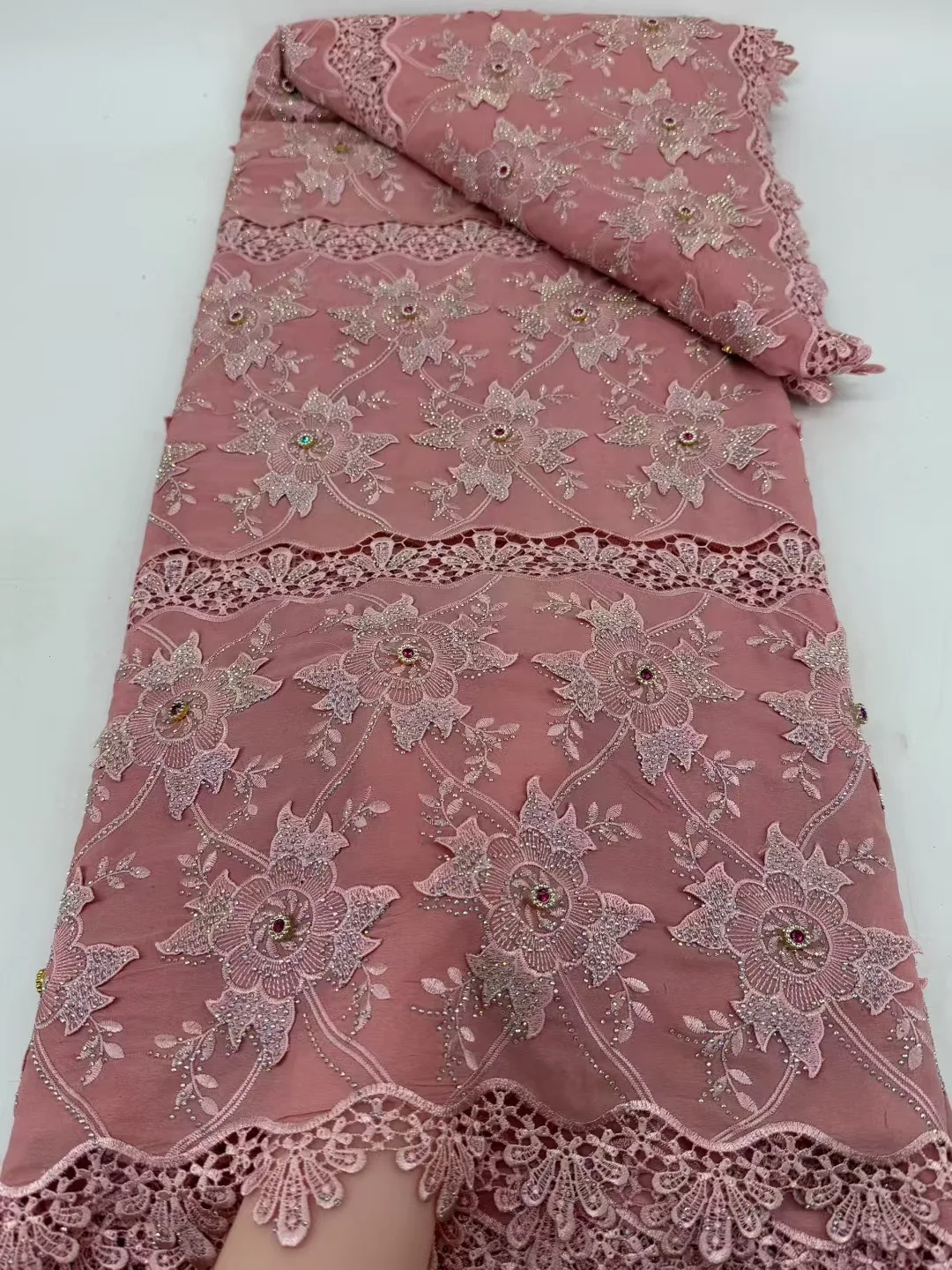 قماش دانتيل ترتر أفريقي فاخر 2026 تطريز عالي الجودة قماش دانتيل شيفون تول فرنسي لفستان سهرة الزفاف #4