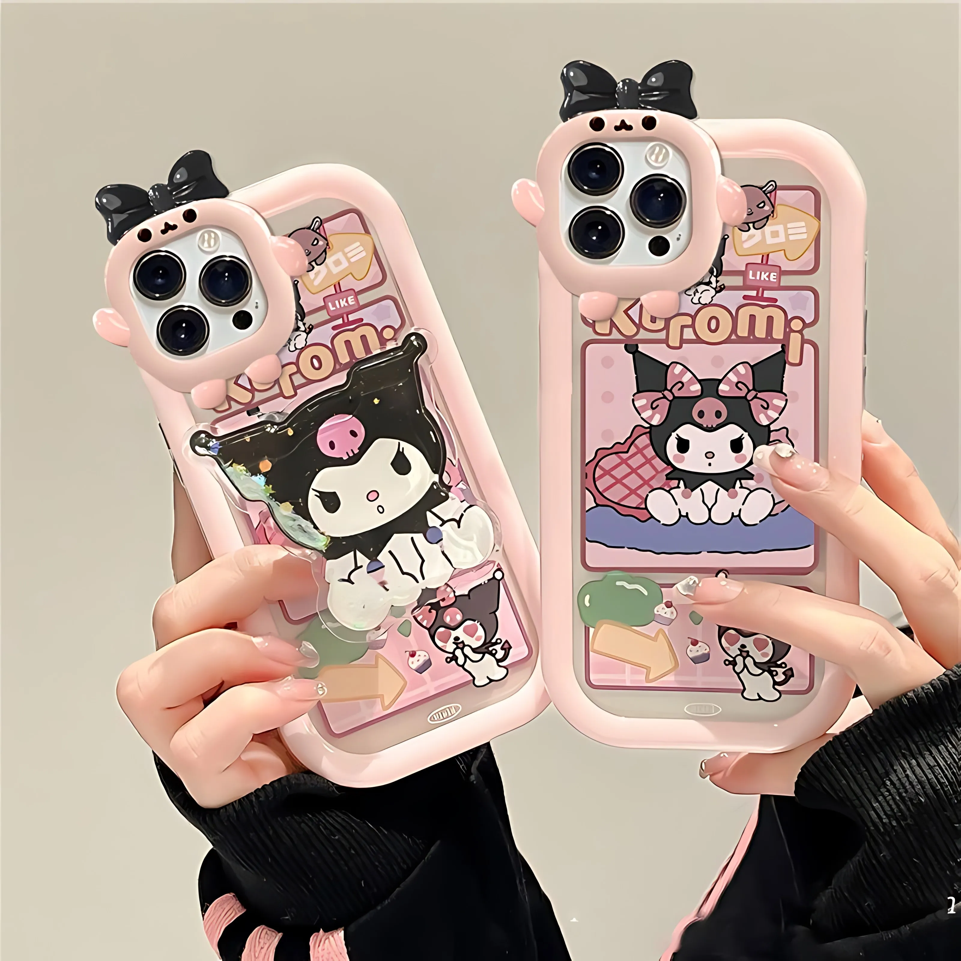 Cute Kuromi With Bracket Phone Case For IPhone 16 15 14 13 12 11 7 8 X XR XS Plus Pro Max 3D Bow-knot Little Monster Lens Cover