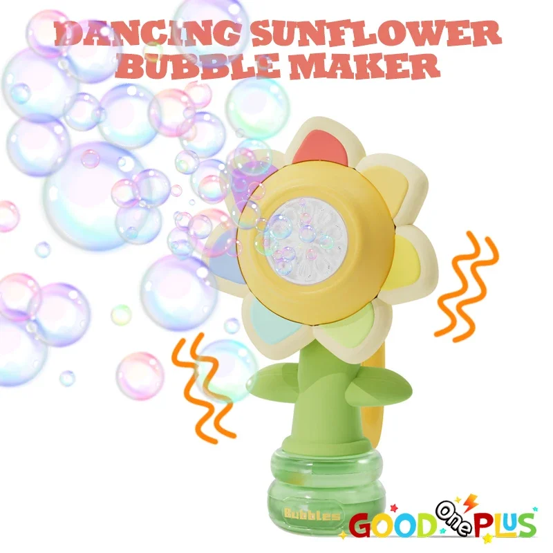 Máquina de burbujas de girasol bailando, máquina eléctrica automática de burbujas de jabón de girasol en movimiento, columpio ligero, juguete, regalo para niños