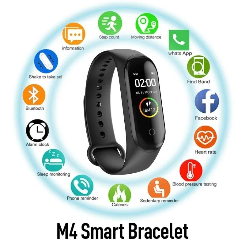 M4สมาร์ทสายรัดข้อมือหน้าจอ LED กีฬา pedometer บลูทูธกันน้ำพร้อมเครื่องวัดชีพจรสมาร์ทวอท์ชสำหรับผู้หญิง
