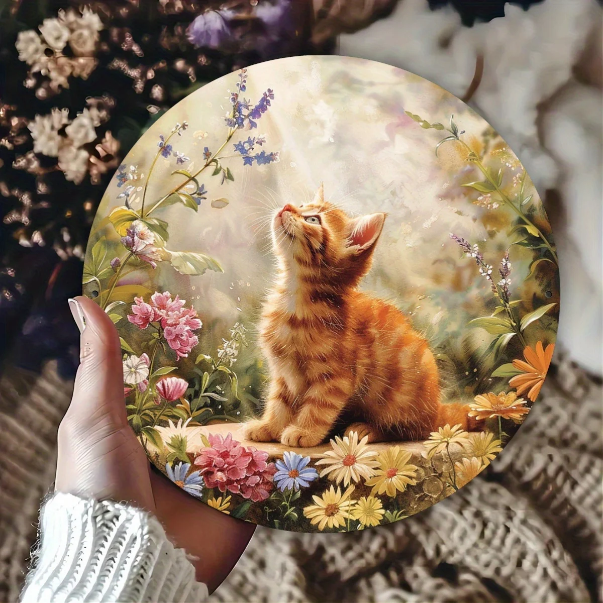 1pc Vintage King Cat Floral Foil Art - Round Aluminum Metal Wall Decor, Indoor/Outdoor Pewter Painting, Home, Restaurant, Cafe,