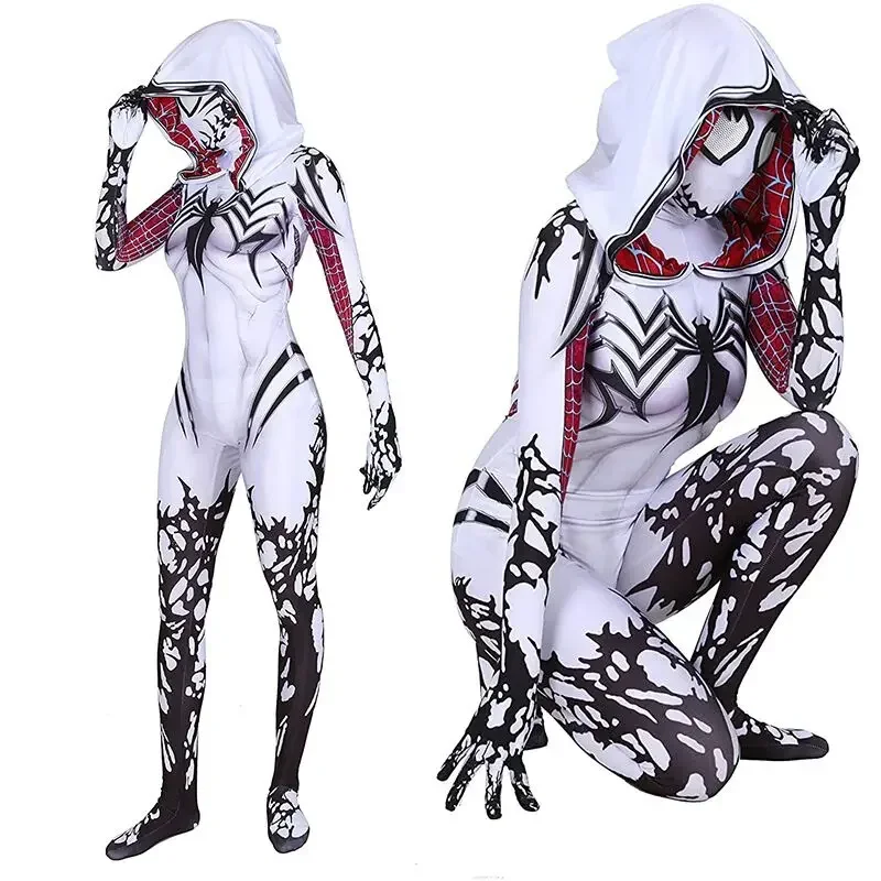 MINISO Spider Gwen Stacy Cosplay Costumes Women 3D Print Adult Jumpsuits Onesies Halloween Clothes Soft Material With Hat Mask