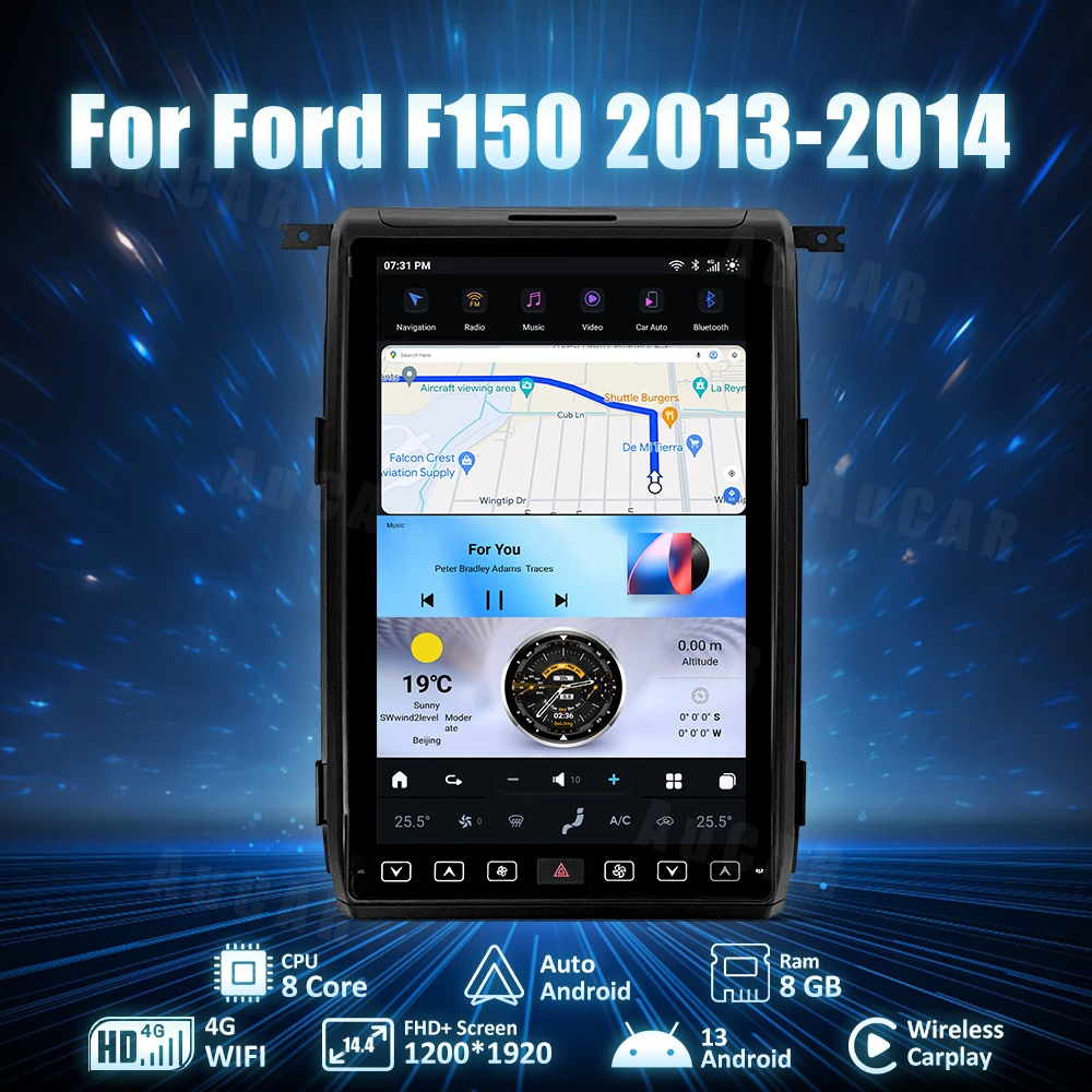 AuCar Car GPS Navigation System Car Radio Android 13.0 Head Unit Car DVD Player For Ford F150 2013-2014 14.4 Inch