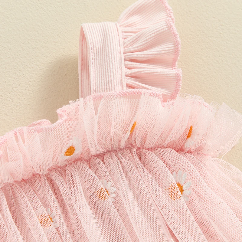 Infant Baby Girl Tutu Romper Dress Embroidery Daisy Bodysuit Square Neck Fly Sleeve Tulle Rompers