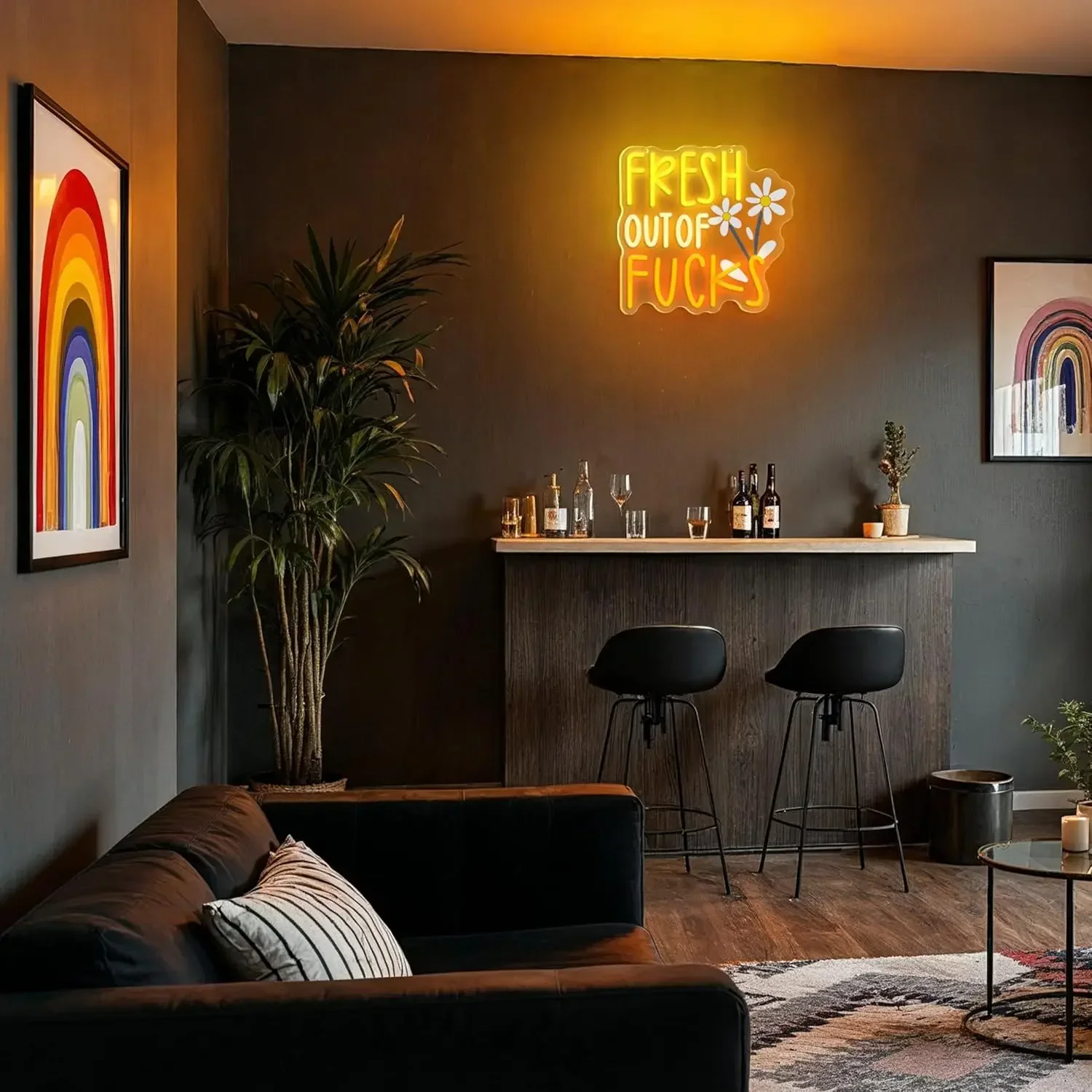 Fresh Out Of Fcks Neon Sign Funny Daisy LED Wall Art USB Powered Lamp Yellow Orange Decor Home Bar Party Aesthetic Hanging Light