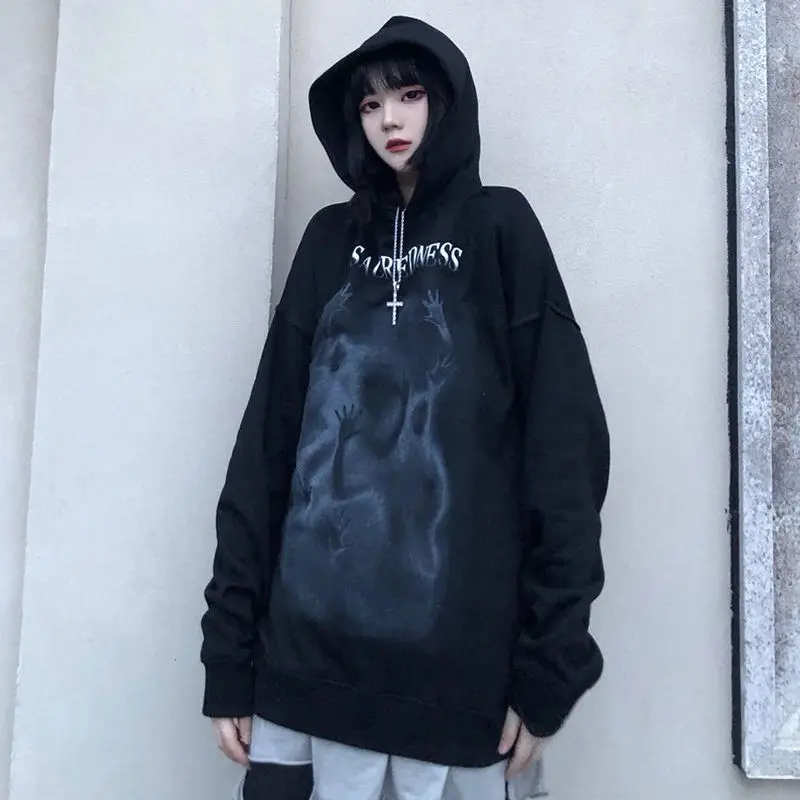 Pullovers Long Hip Hop Hoodies Hooded Letter Printing Text Female Clothes Graphic Sweatshirts for Women Y2k Vintage Sleeve Tops