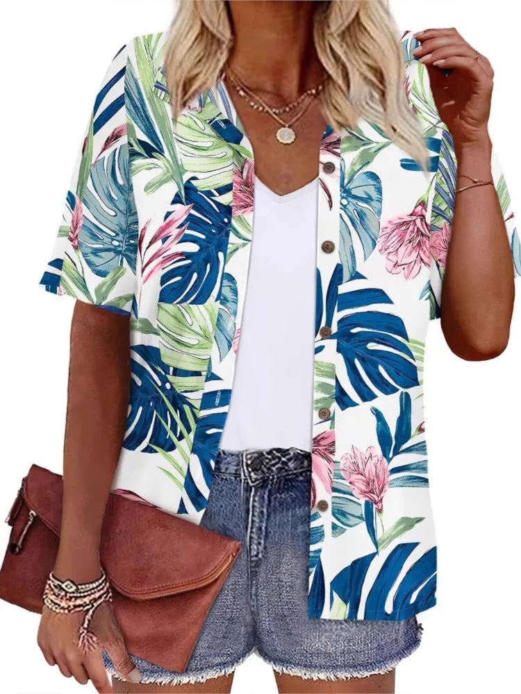 

Повседневная рубашка с принтом в стиле бохо для женщин, модные рубашки с короткими рукавами и отложным воротником на пуговицах, топы, женская праздничная пляжная женская одежда