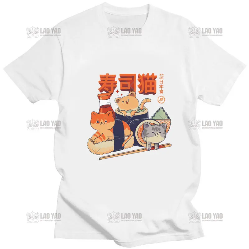 Japan Cuisine Kawaii Cat Sushi Funny T Shirt Men Summer New White Black Casual Homme Cool Tshirt Cute Cat Streetwear Tee Tops