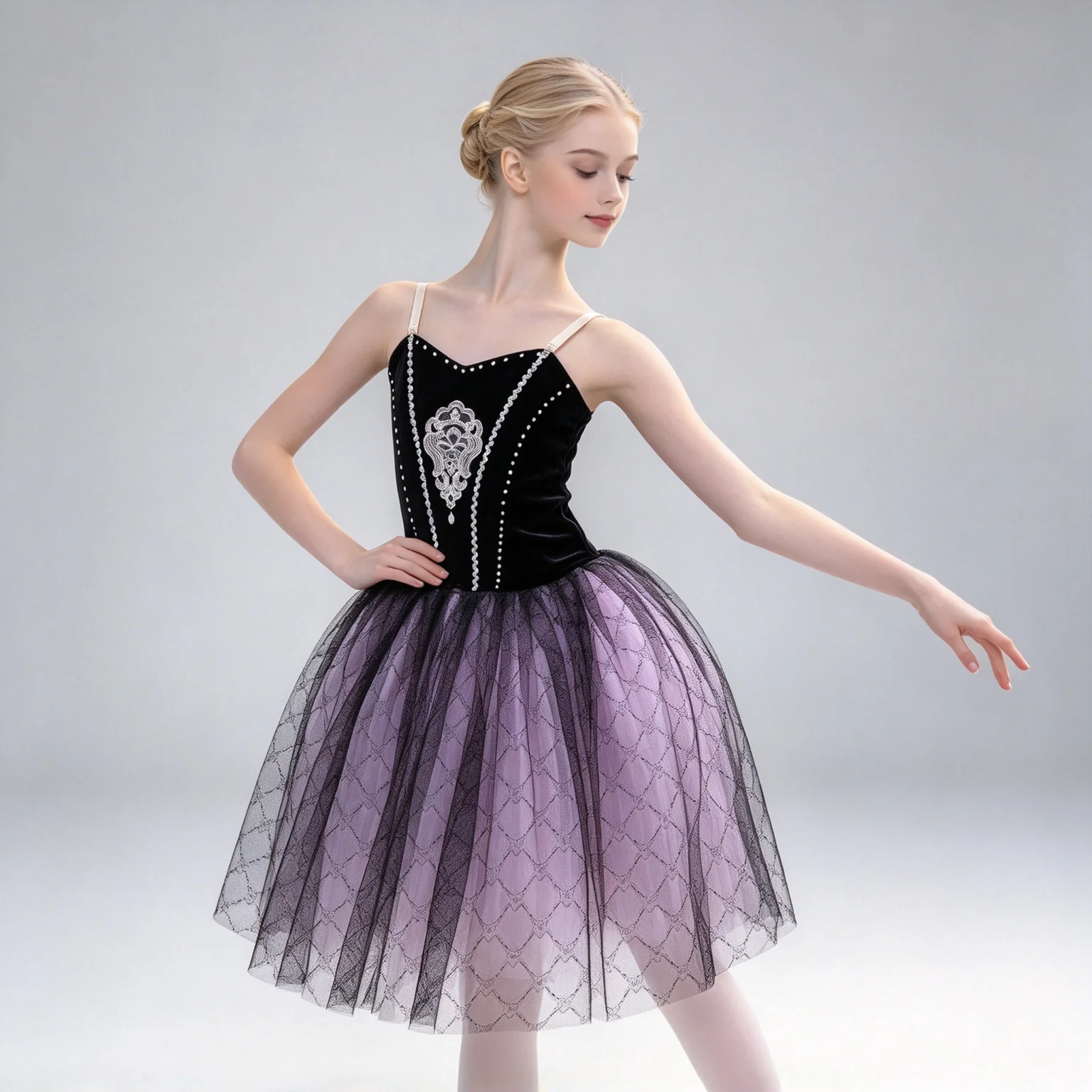 Girls Black Velvet Spaghetti Strap Ballet Dress Silver Rhinestone Purple Tulle Skirt Kid Stage Performance Recital Dance Costume