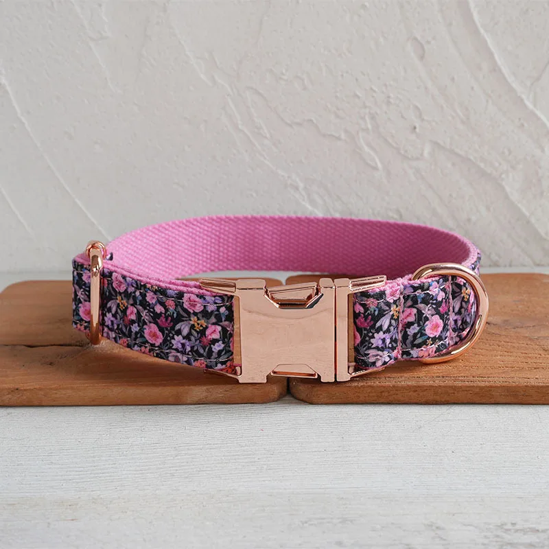 Personalized Dog Collar with Free Engraving, Matching Pet Leash,Customzied Contacts Metal Buckle, Pink Black Flowers Pet Collar