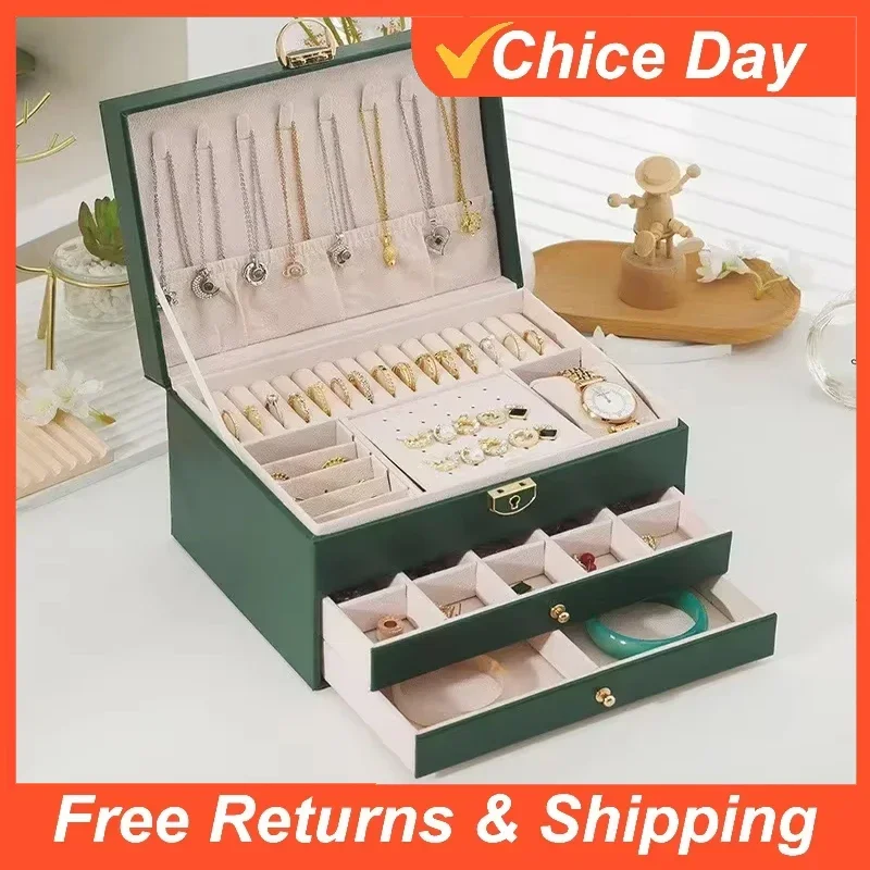 

Three-layer Large-capacity Box with Compartments for Necklaces, Bracelets, Rings, Watch Storage, and Earrings and Jewelry Box