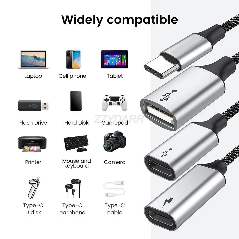 USB C to USB C Female Adapter OTG USB Splitter Type C Male to USB&2 Type-C Female Cord Converter 3 USB C Port Hub PD 60W Charge