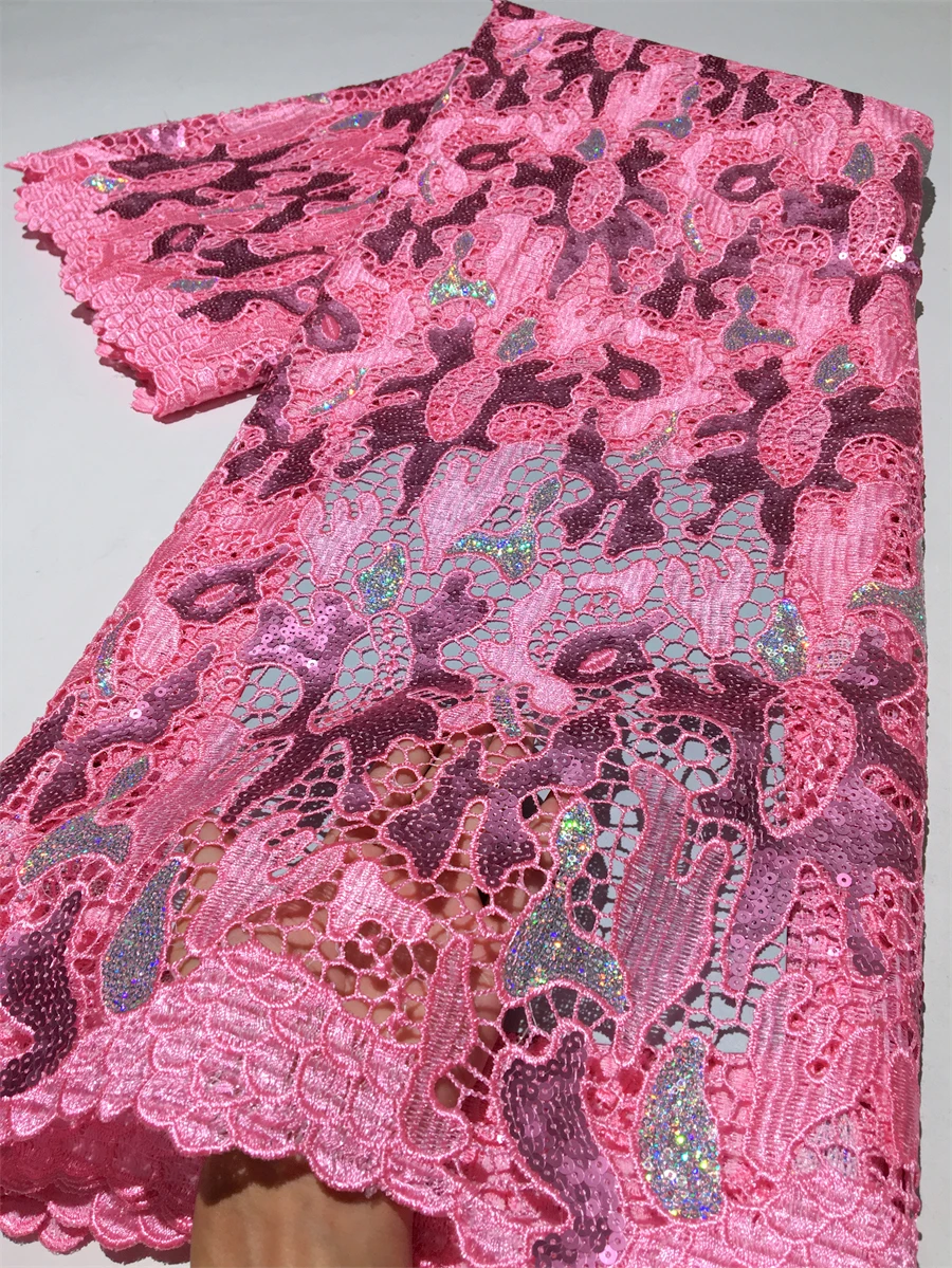 Nigerian Water Soluble Lace and Fabric Sequins African Guipure Cord Lace Fabric Embroidery Dresses For Women Latest,5yards 4058