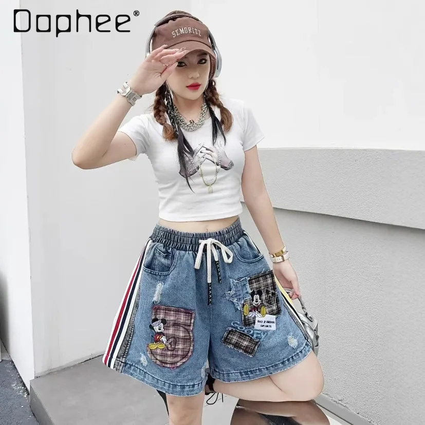 Summer New Korean Style Loose Versatile Cartoon Print Denim Shorts Women Hot Pants Ins Trend Elastic Waist Blue Denim Shorts