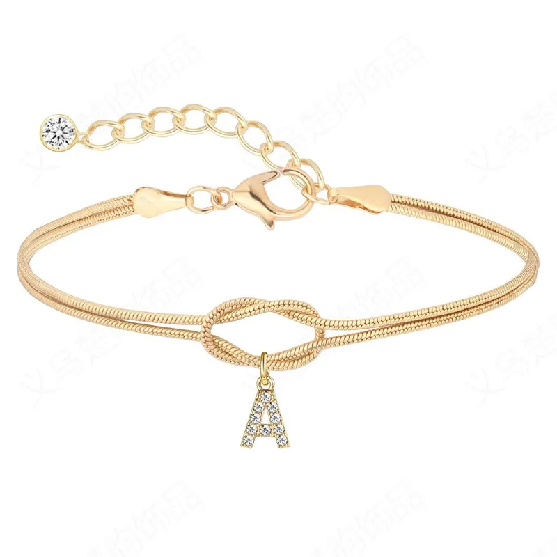 Minar Creative Pulseras de cadena de serpiente con nudo y 26 letras de circonita cúbica CZ, chapadas en oro real de 14K y cobre, para mujer