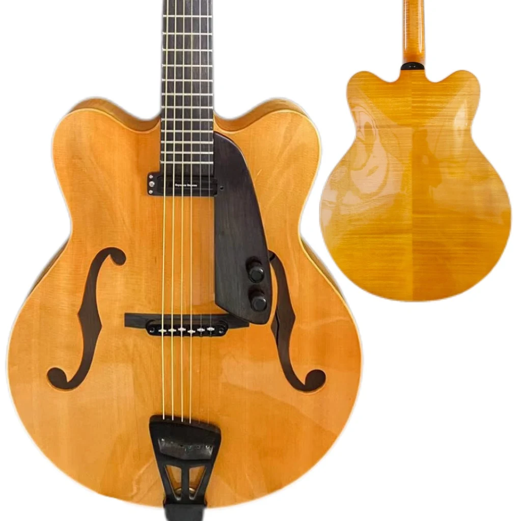

Yunzhi Customizable Jazz Guitar Double Cutaway Electric Archtop with Flamed Maple Hollow Body Ebony Fingerboard-Golden Color