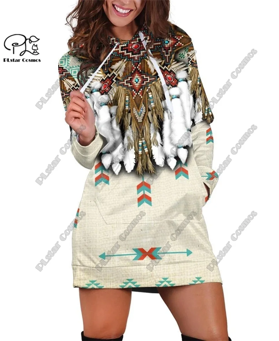 

PLstar Cosmos 3D Printing Latest Retro Aboriginal Wolf Feather Totem Hoodie Dress Harajuku Streetwear Pullover Women's Style 5