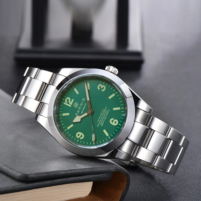 Fashion Parnis 40mm Green Dial Mechanical Automatic Watches Sapphire Crystal Sports Men Watch reloj de hombre Man Clock Gift Box