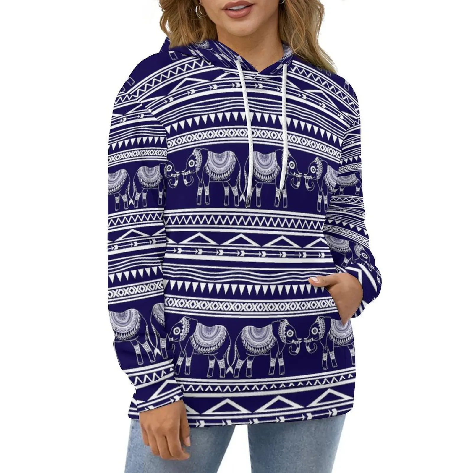 Elephant Tribal Hoodies White and Blue Hip Hop Oversized Hoodie Couple Long Sleeve Cool Printed Casual Hooded Sweatshirts