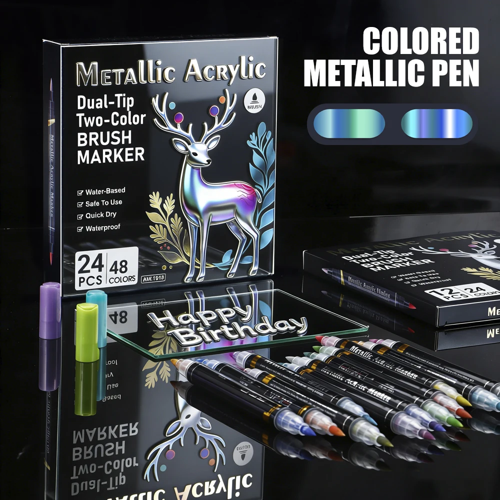 Zestaw markerów akrylowych metalicznych dwustronnych, dwukolorowych, wodoodpornych, szybkoschnących, do kolorowania, tworzenia grafiki DIY, do biura i szkoły, 6/12/24 szt. — zdjęcie produktu 2