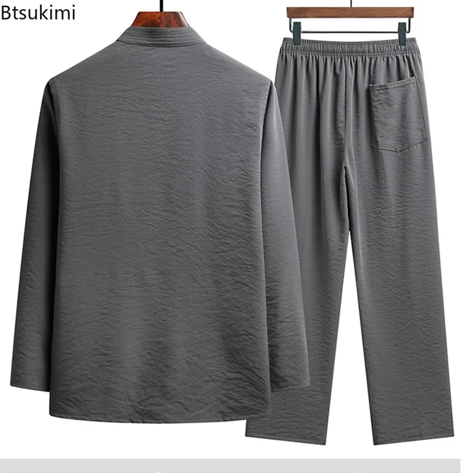 Chinese Style Set Men's Spring Fall Traditional Clothes Loose Casual Kung Fu Tai Chi Uniform Oriental Retro Tops Pants Men Hanfu